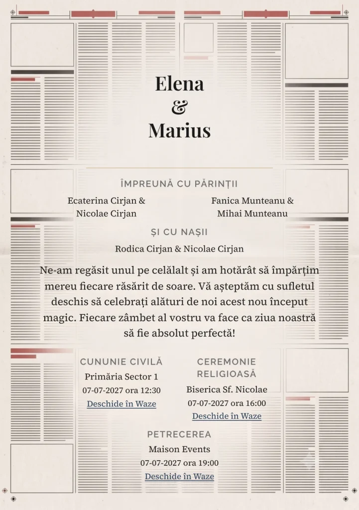 Editorial Monocrom, pentru o invitație de nuntă, prezintă structură de ziar, completat vizual de nuanțe de alb ziar, negru cărbune moale și roșu tipar stins.