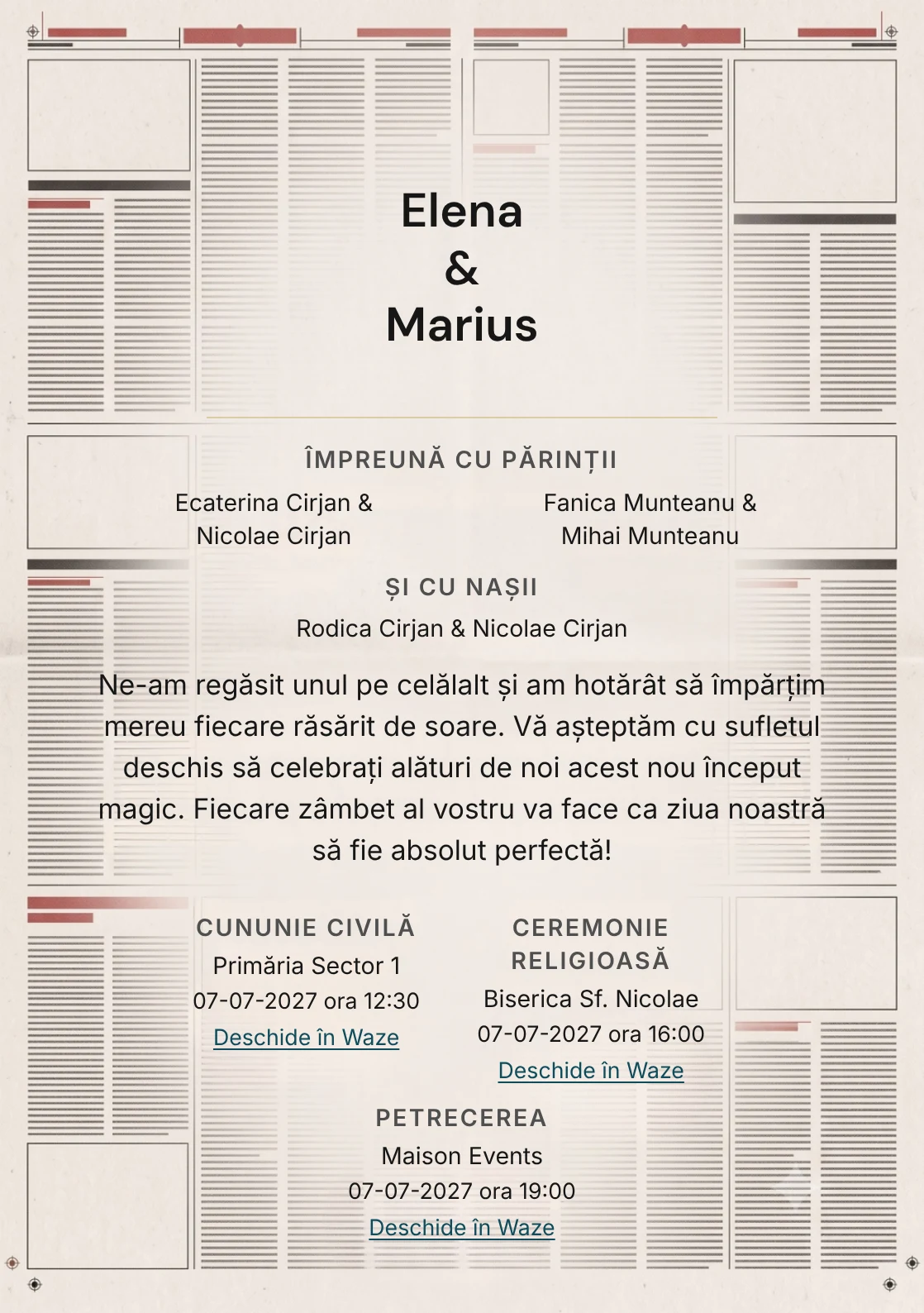 Editorial Monocrom, pentru o invitație de nuntă, prezintă structură de ziar, completat vizual de nuanțe de alb ziar, negru cărbune moale și roșu tipar stins.