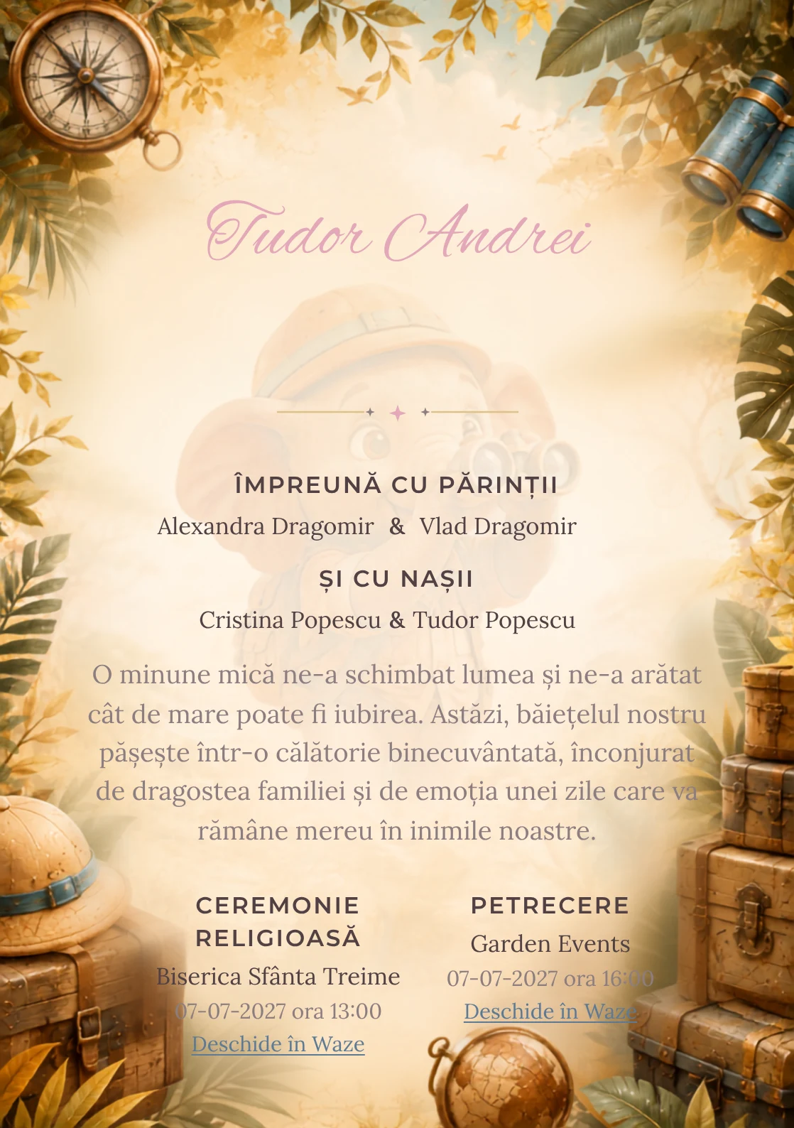 Designul Elefănțel Explorator, din gama de invitații botez băiat, reunește un elefănțel cu pălărie cu lăzi de expediție.