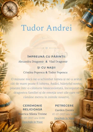 Designul Elefănțel Explorator, din gama de invitații botez băiat, reunește un elefănțel cu pălărie cu lăzi de expediție.
