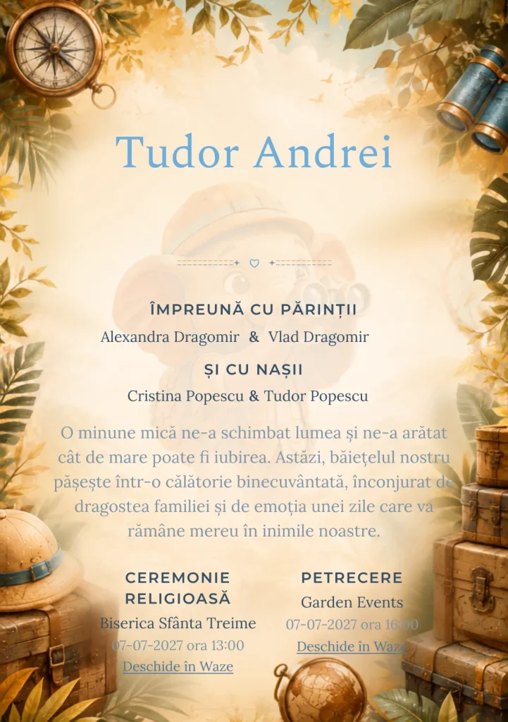 Designul Elefănțel Explorator, din gama de invitații botez băiat, reunește un elefănțel cu pălărie cu lăzi de expediție.
