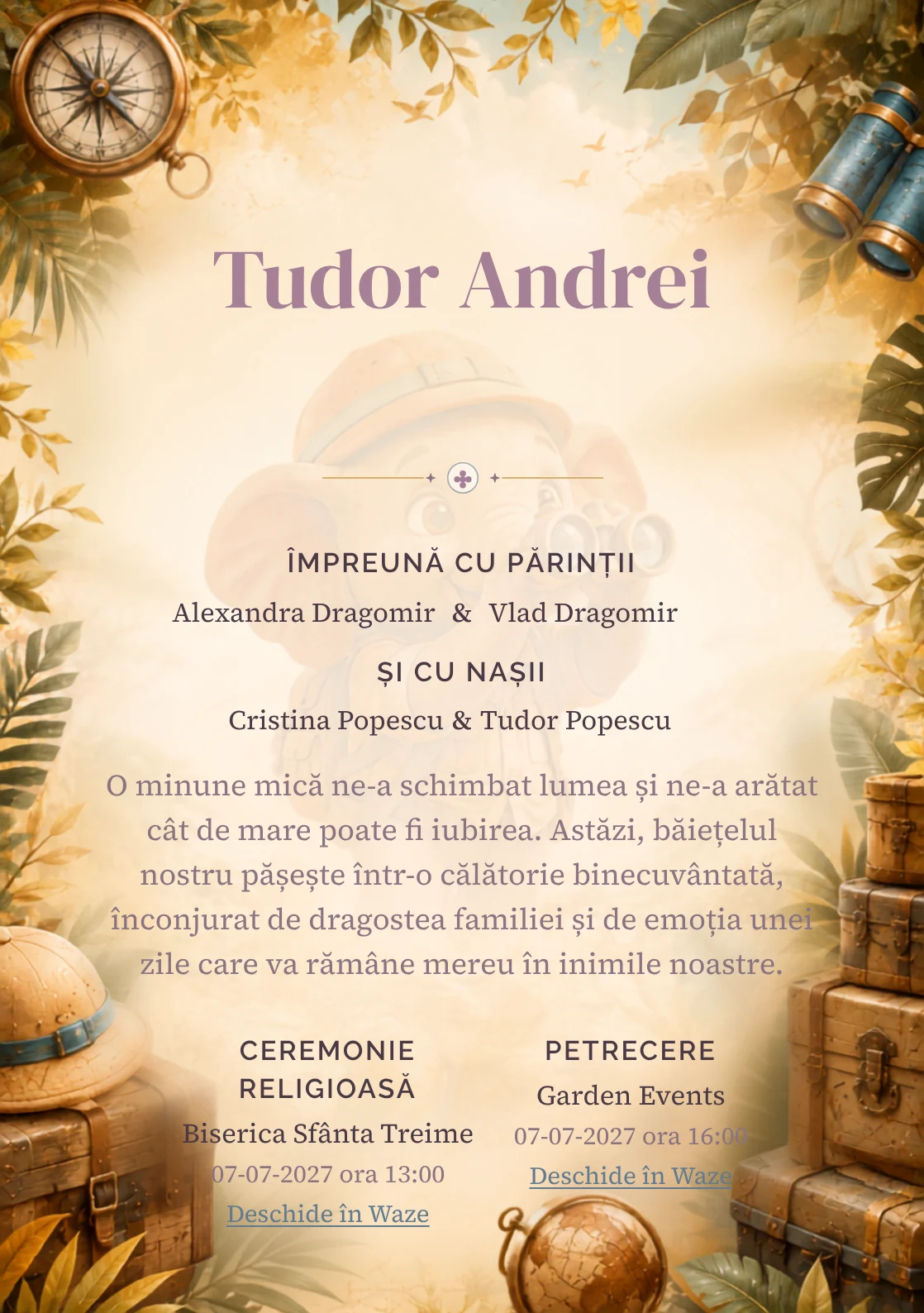 Designul Elefănțel Explorator, din gama de invitații botez băiat, reunește un elefănțel cu pălărie cu lăzi de expediție.
