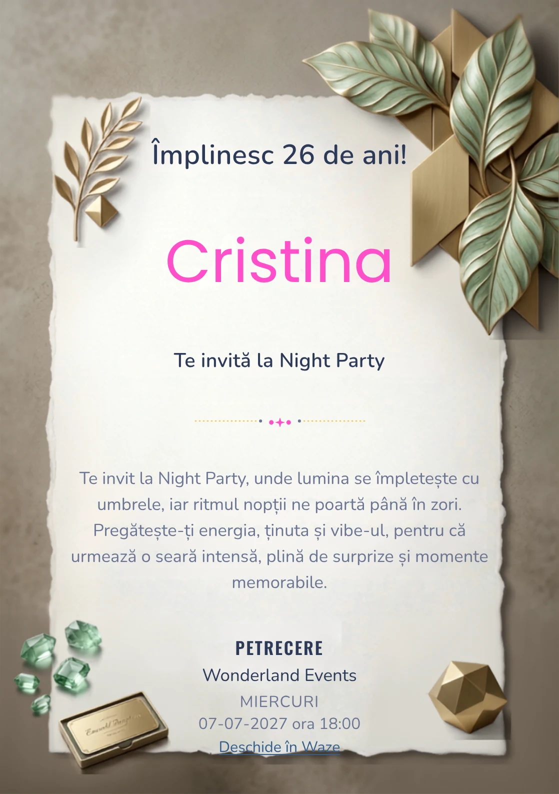 Emerald Reception este un model de invitații digitale pentru o aniversare adultă, definit vizual de panouri geometrice și frunze sculpturale.