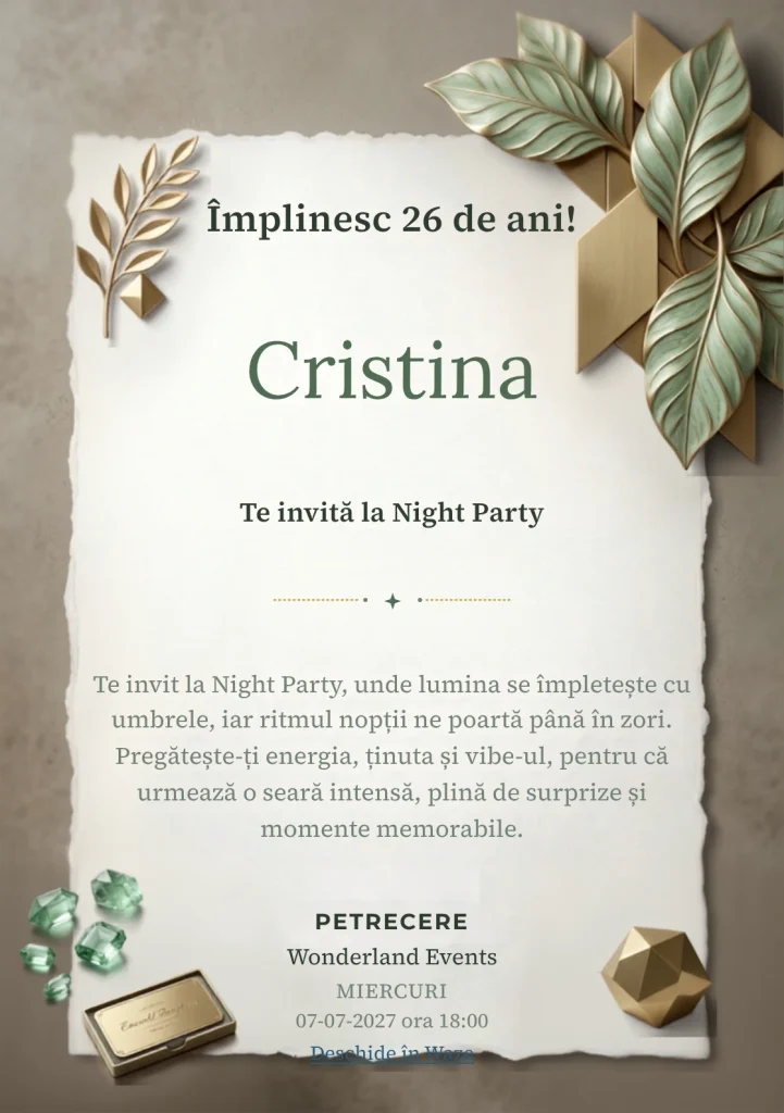 Emerald Reception este un model de invitații digitale pentru o aniversare adultă, definit vizual de panouri geometrice și frunze sculpturale.