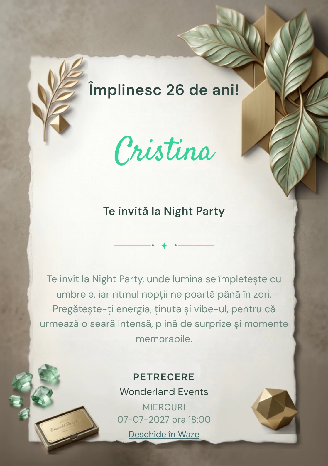 Emerald Reception este un model de invitații digitale pentru o aniversare adultă, definit vizual de panouri geometrice și frunze sculpturale.