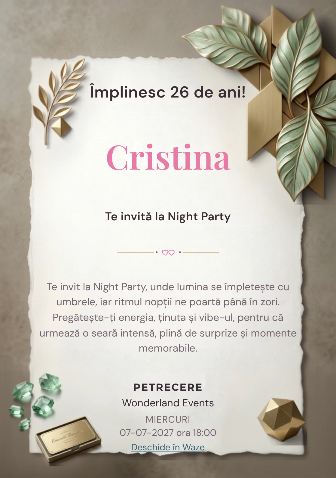 Emerald Reception este un model de invitații digitale pentru o aniversare adultă, definit vizual de panouri geometrice și frunze sculpturale.