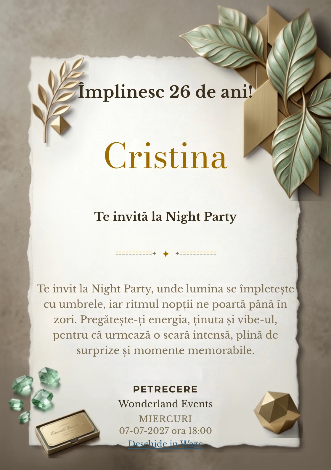 Emerald Reception este un model de invitații digitale pentru o aniversare adultă, definit vizual de panouri geometrice și frunze sculpturale.