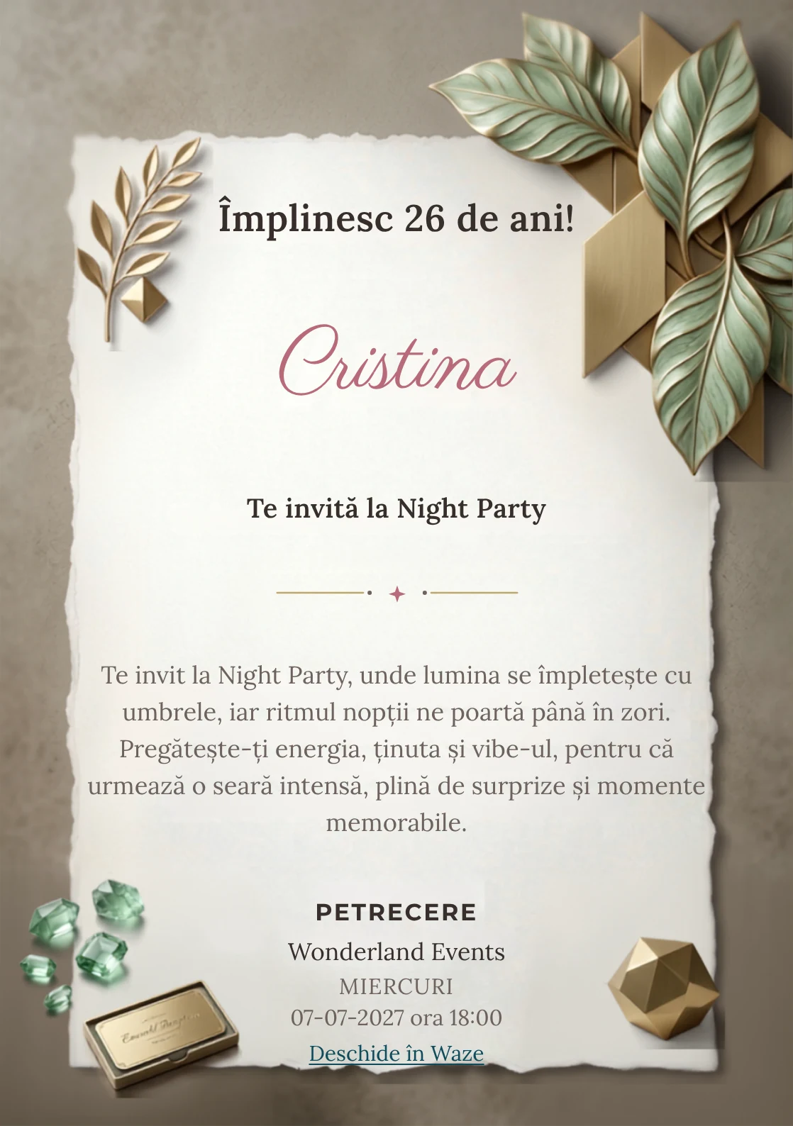 Emerald Reception este un model de invitații digitale pentru o aniversare adultă, definit vizual de panouri geometrice și frunze sculpturale.