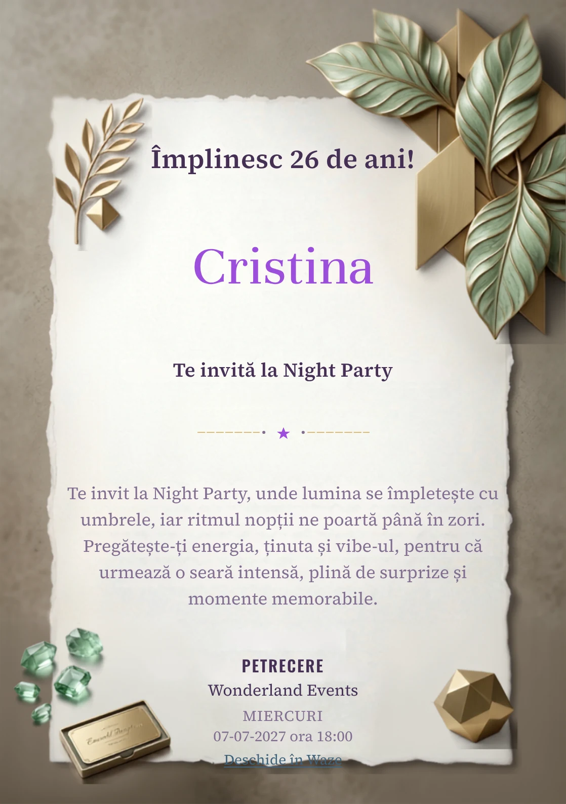 Emerald Reception este un model de invitații digitale pentru o aniversare adultă, definit vizual de panouri geometrice și frunze sculpturale.
