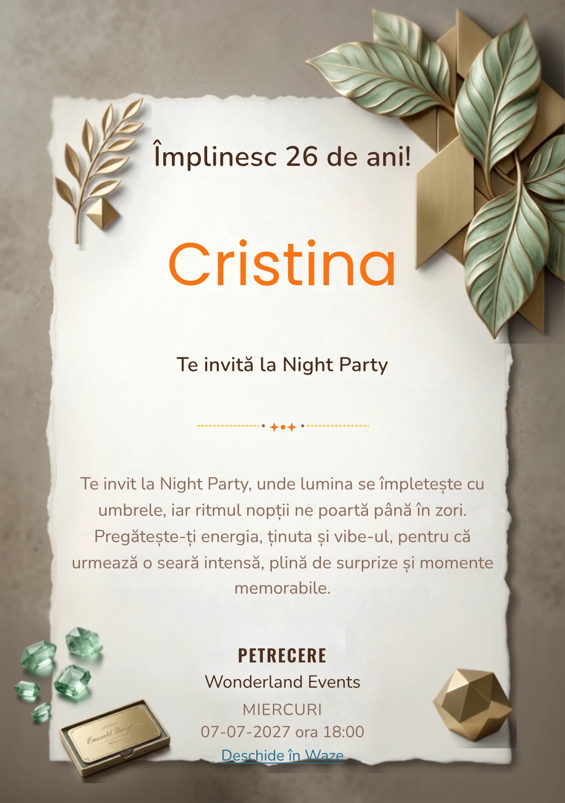 Emerald Reception este un model de invitații digitale pentru o aniversare adultă, definit vizual de panouri geometrice și frunze sculpturale.