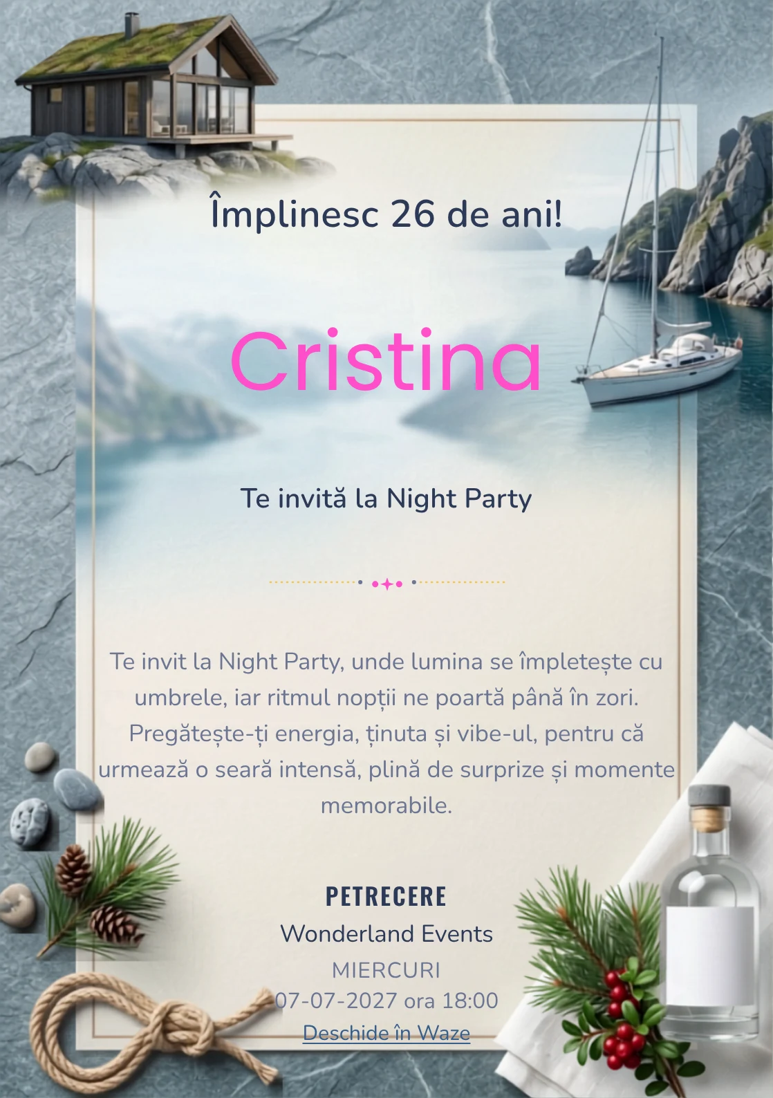Escapadă Nordică este un model de invitații online de zi de naștere, definit vizual de o barcă și stânci.