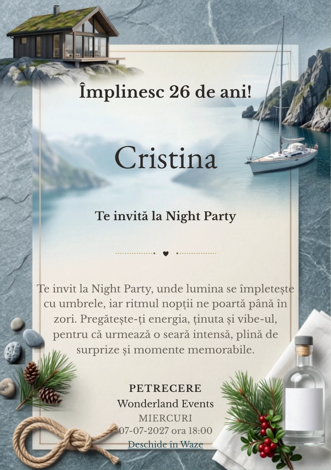 Escapadă Nordică este un model de invitații online de zi de naștere, definit vizual de o barcă și stânci.