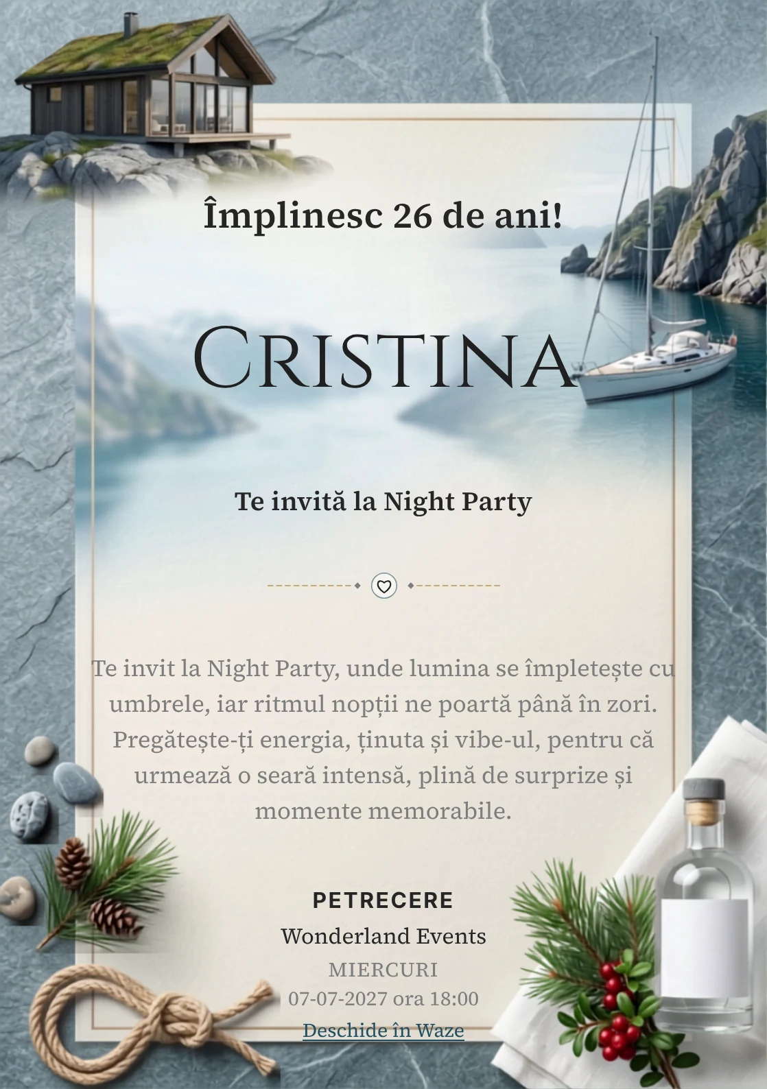 Escapadă Nordică este un model de invitații online de zi de naștere, definit vizual de o barcă și stânci.