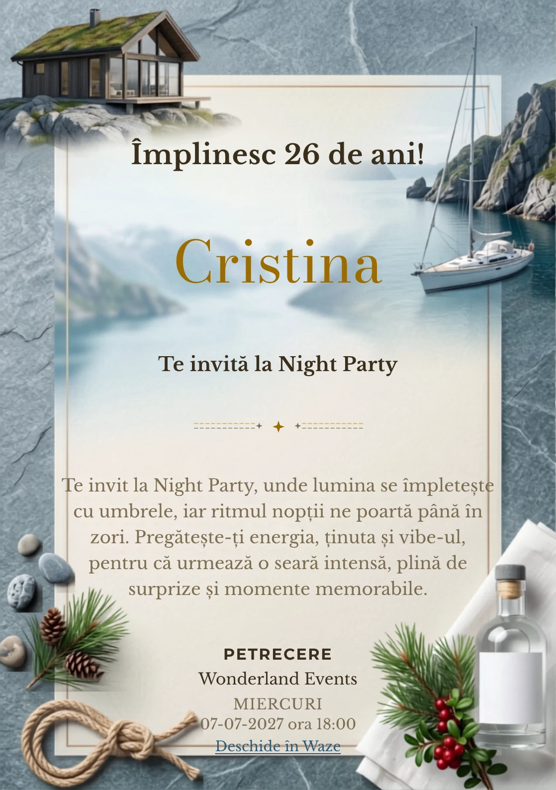 Escapadă Nordică este un model de invitații online de zi de naștere, definit vizual de o barcă și stânci.