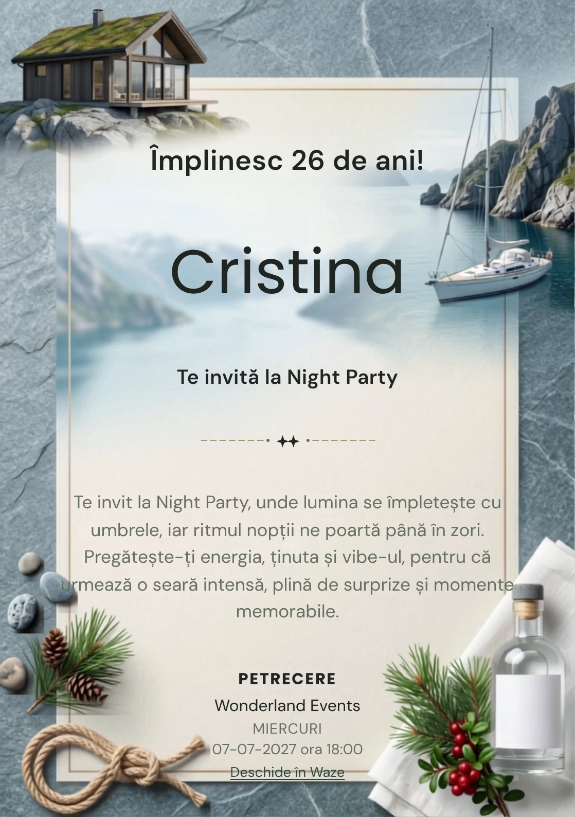 Escapadă Nordică este un model de invitații online de zi de naștere, definit vizual de o barcă și stânci.