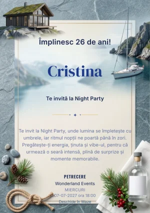 Escapadă Nordică este un model de invitații online de zi de naștere, definit vizual de o barcă și stânci.
