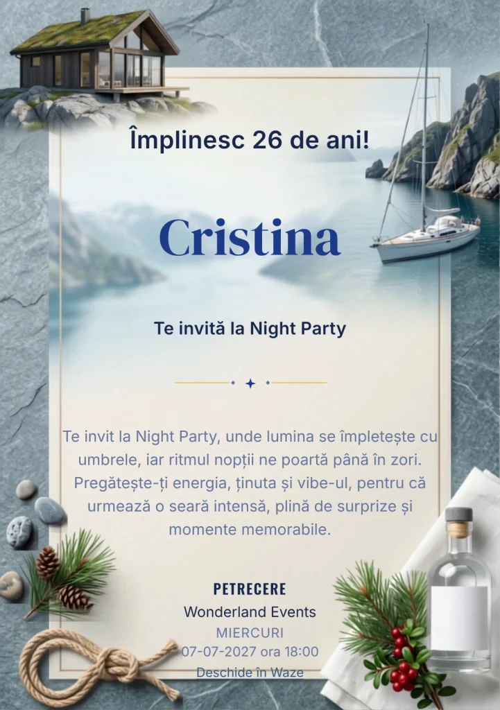 Escapadă Nordică este un model de invitații online de zi de naștere, definit vizual de o barcă și stânci.