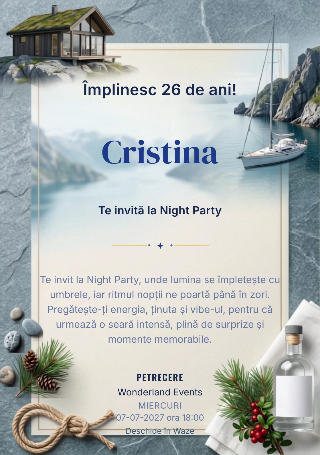 Escapadă Nordică este un model de invitații online de zi de naștere, definit vizual de o barcă și stânci.