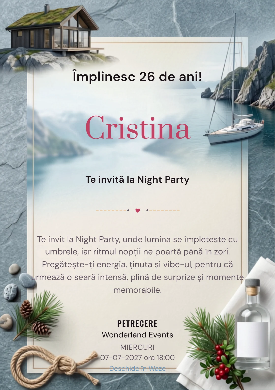 Escapadă Nordică este un model de invitații online de zi de naștere, definit vizual de o barcă și stânci.