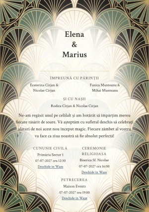 Fundalul Evantaie Solare, pentru invitații de nuntă, se remarcă prin evantaie geometrice și accente de negru art deco moale și ivory luminat.