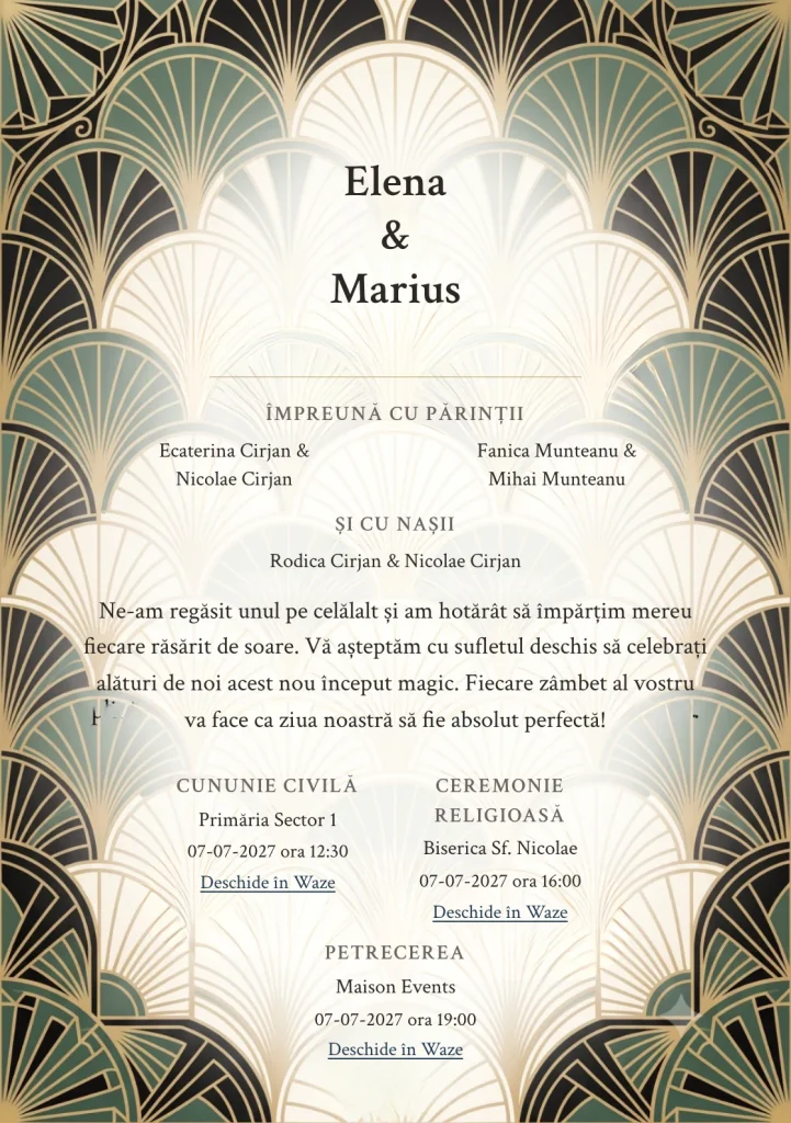 Fundalul Evantaie Solare, pentru invitații de nuntă, se remarcă prin evantaie geometrice și accente de negru art deco moale și ivory luminat.
