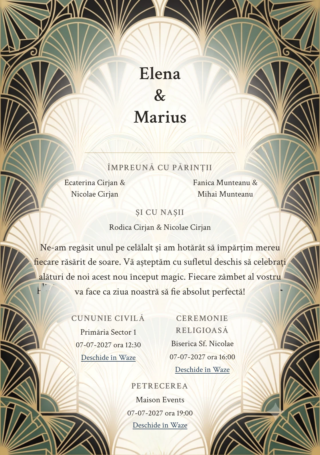 Fundalul Evantaie Solare, pentru invitații de nuntă, se remarcă prin evantaie geometrice și accente de negru art deco moale și ivory luminat.