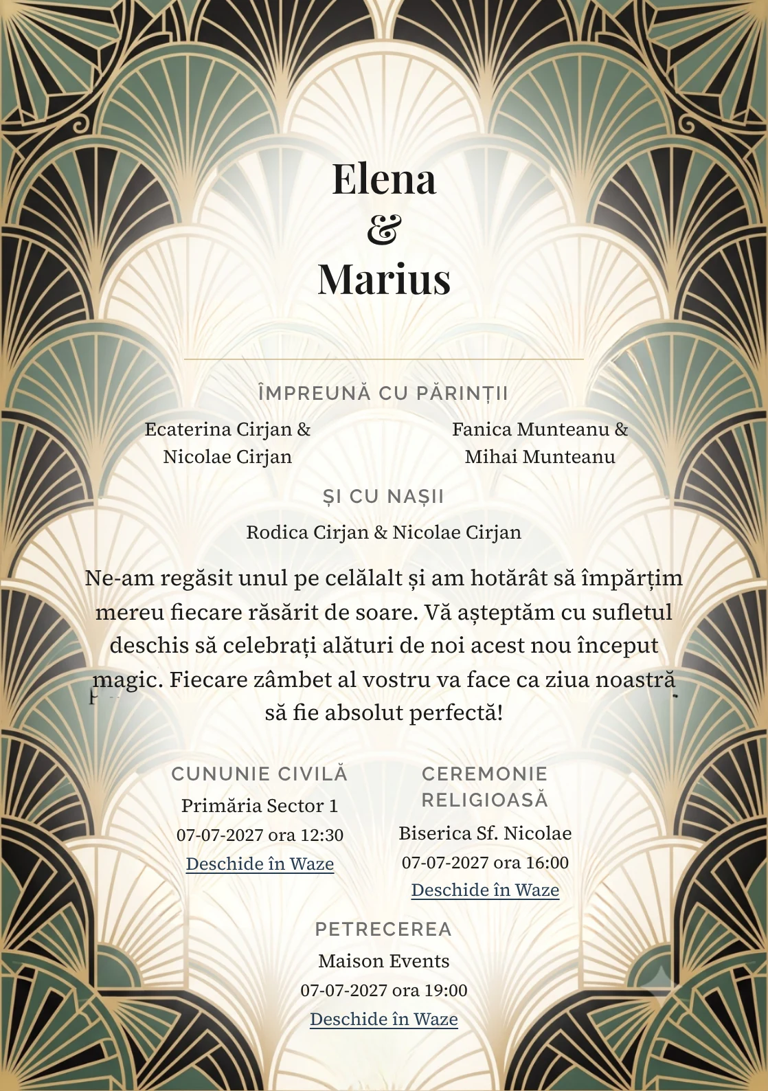 Fundalul Evantaie Solare, pentru invitații de nuntă, se remarcă prin evantaie geometrice și accente de negru art deco moale și ivory luminat.