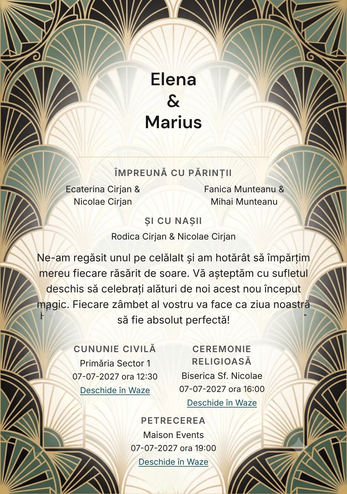 Fundalul Evantaie Solare, pentru invitații de nuntă, se remarcă prin evantaie geometrice și accente de negru art deco moale și ivory luminat.