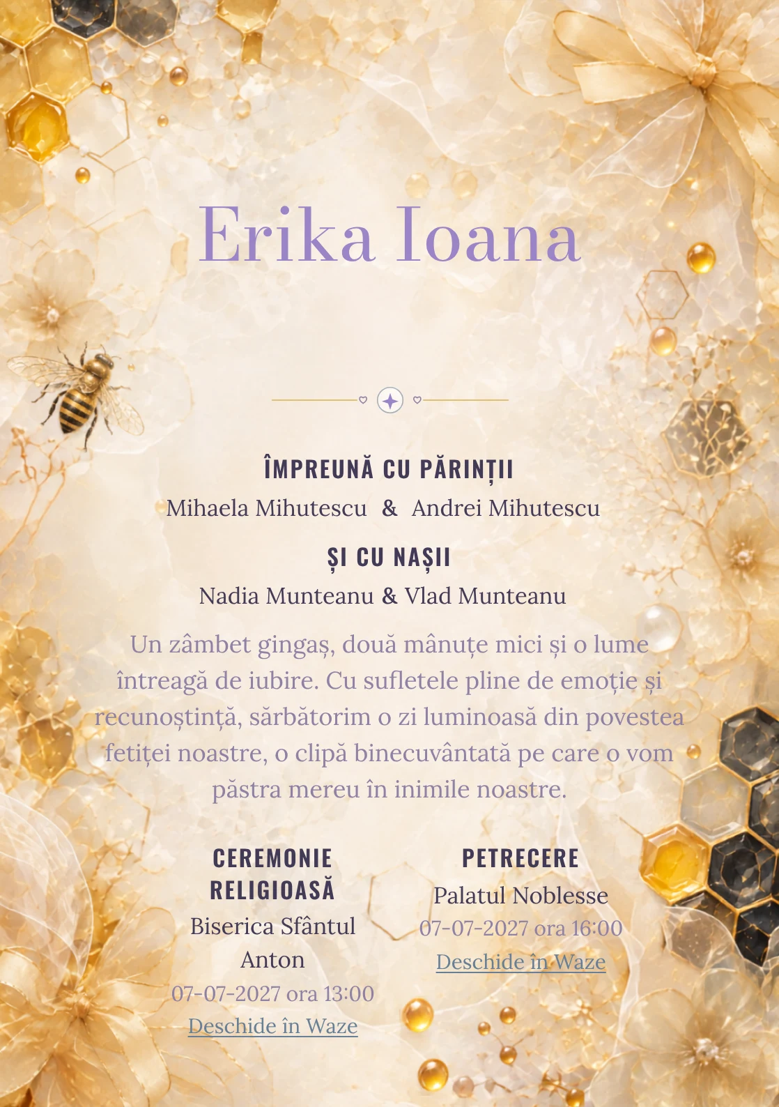Imaginea Fagure Couture, din gama de invitații botez, pune în valoare o albinuță stilizată, cu panglici.
