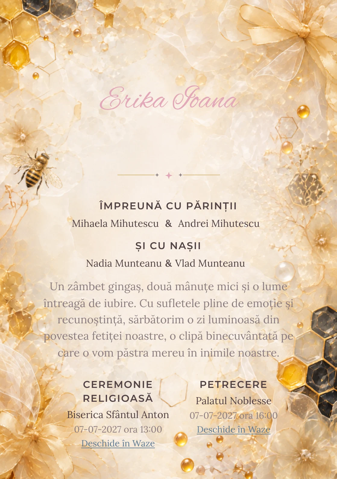Imaginea Fagure Couture, din gama de invitații botez, pune în valoare o albinuță stilizată, cu panglici.