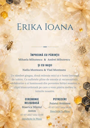 Imaginea Fagure Couture, din gama de invitații botez, pune în valoare o albinuță stilizată, cu panglici.
