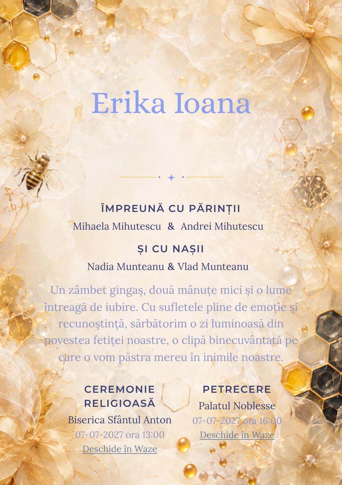 Imaginea Fagure Couture, din gama de invitații botez, pune în valoare o albinuță stilizată, cu panglici.