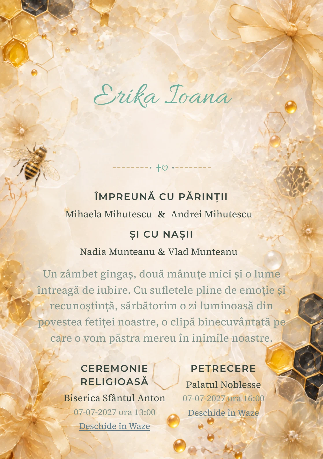 Imaginea Fagure Couture, din gama de invitații botez, pune în valoare o albinuță stilizată, cu panglici.