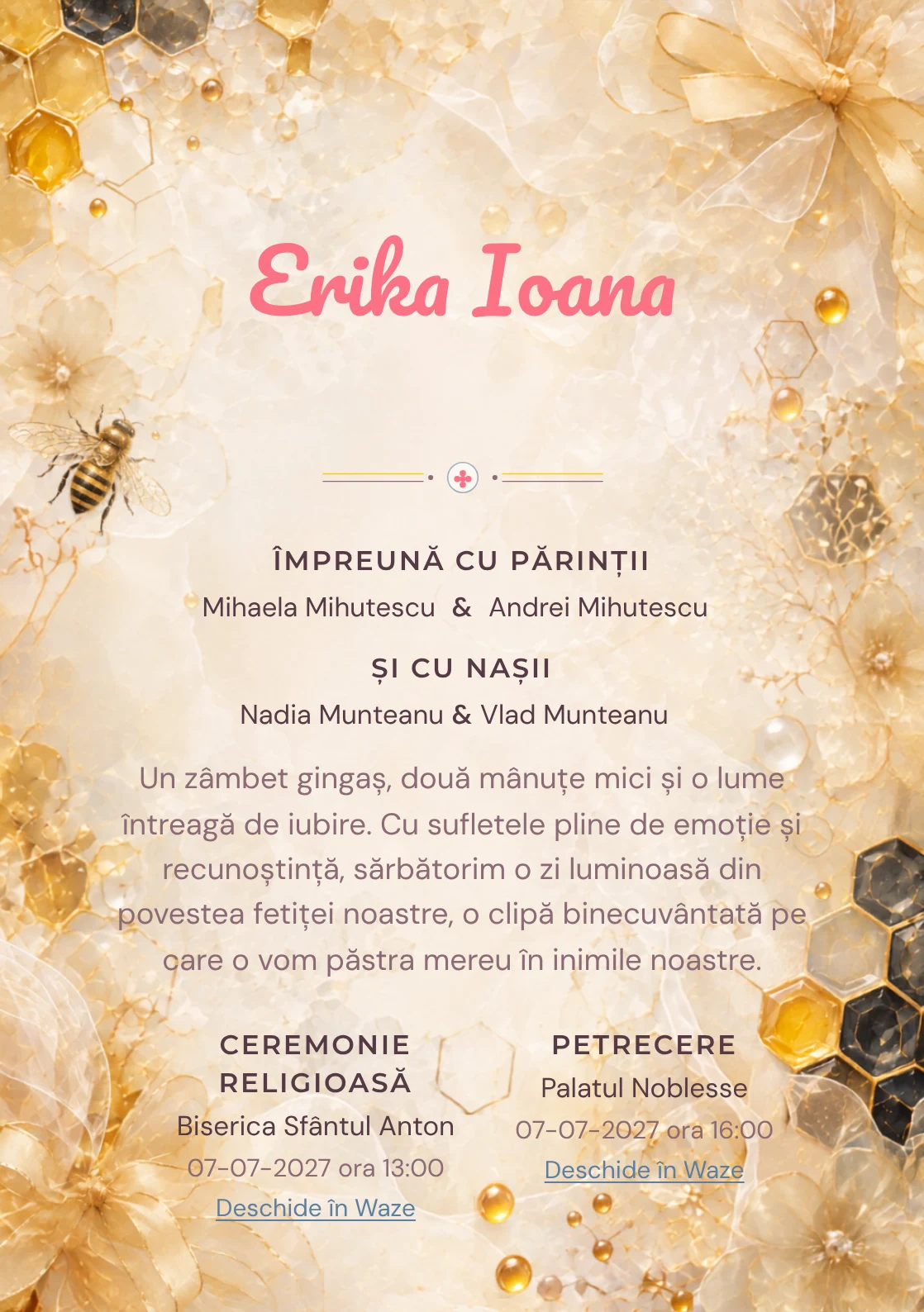 Imaginea Fagure Couture, din gama de invitații botez, pune în valoare o albinuță stilizată, cu panglici.