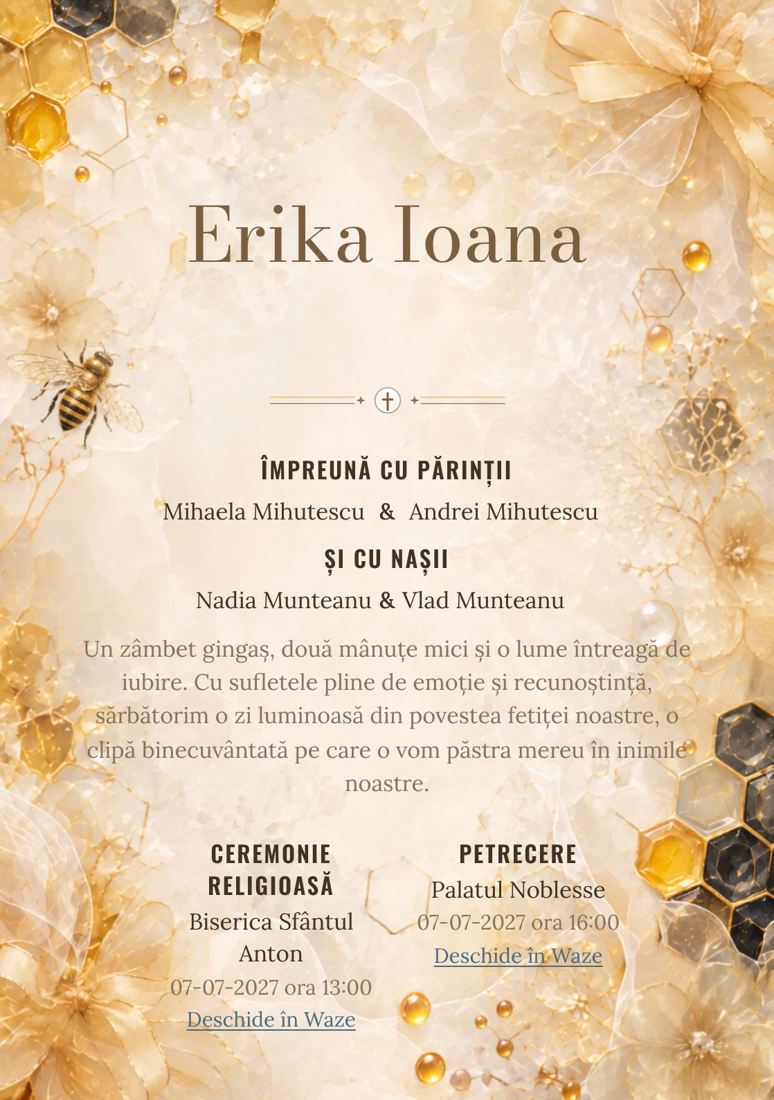 Imaginea Fagure Couture, din gama de invitații botez, pune în valoare o albinuță stilizată, cu panglici.