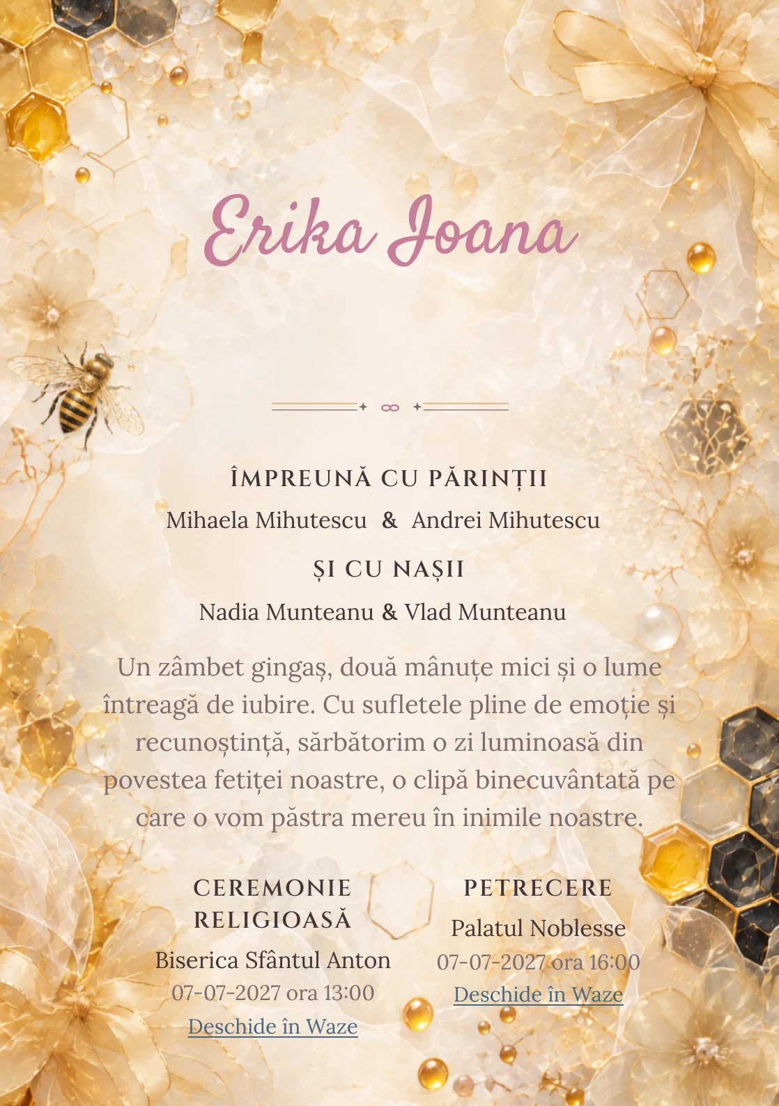 Imaginea Fagure Couture, din gama de invitații botez, pune în valoare o albinuță stilizată, cu panglici.