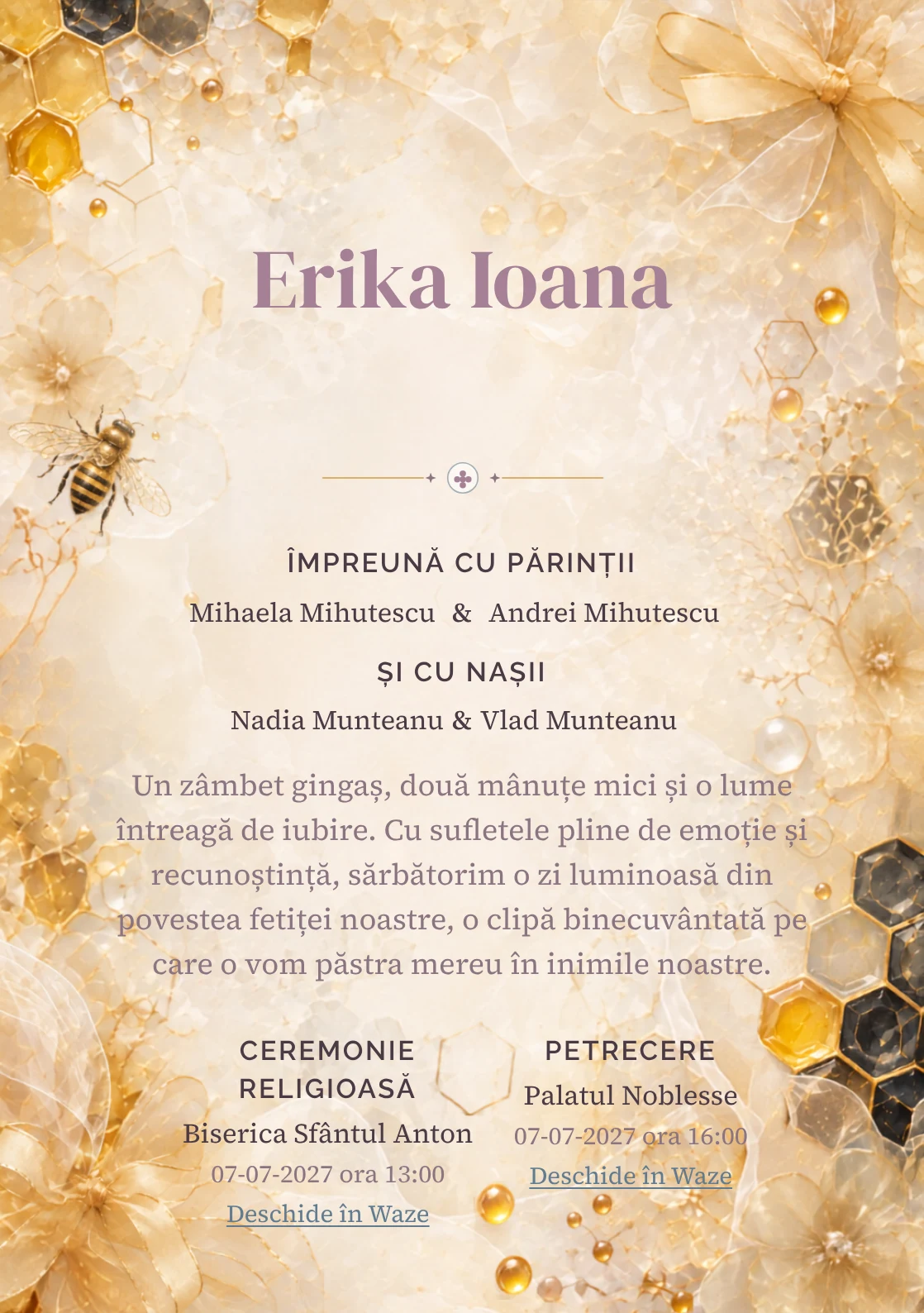 Imaginea Fagure Couture, din gama de invitații botez, pune în valoare o albinuță stilizată, cu panglici.