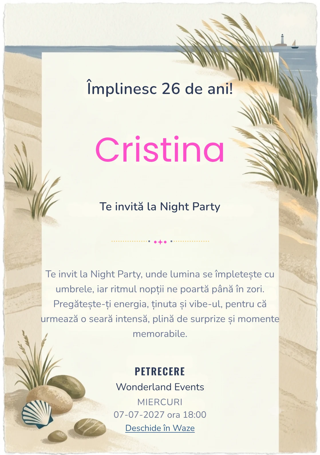 Faleza cu Ierburi este un model de invitații online de zi de naștere, definit vizual de tufe grafice și linia mării.