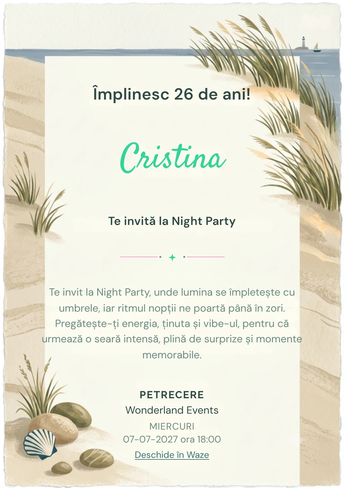 Faleza cu Ierburi este un model de invitații online de zi de naștere, definit vizual de tufe grafice și linia mării.