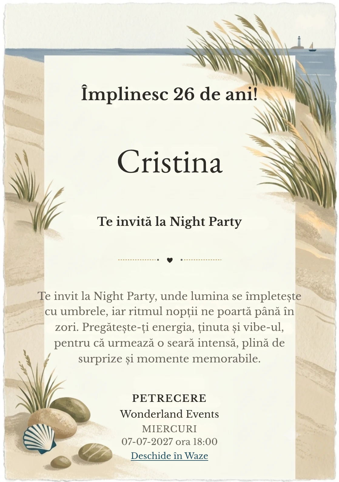 Faleza cu Ierburi este un model de invitații online de zi de naștere, definit vizual de tufe grafice și linia mării.