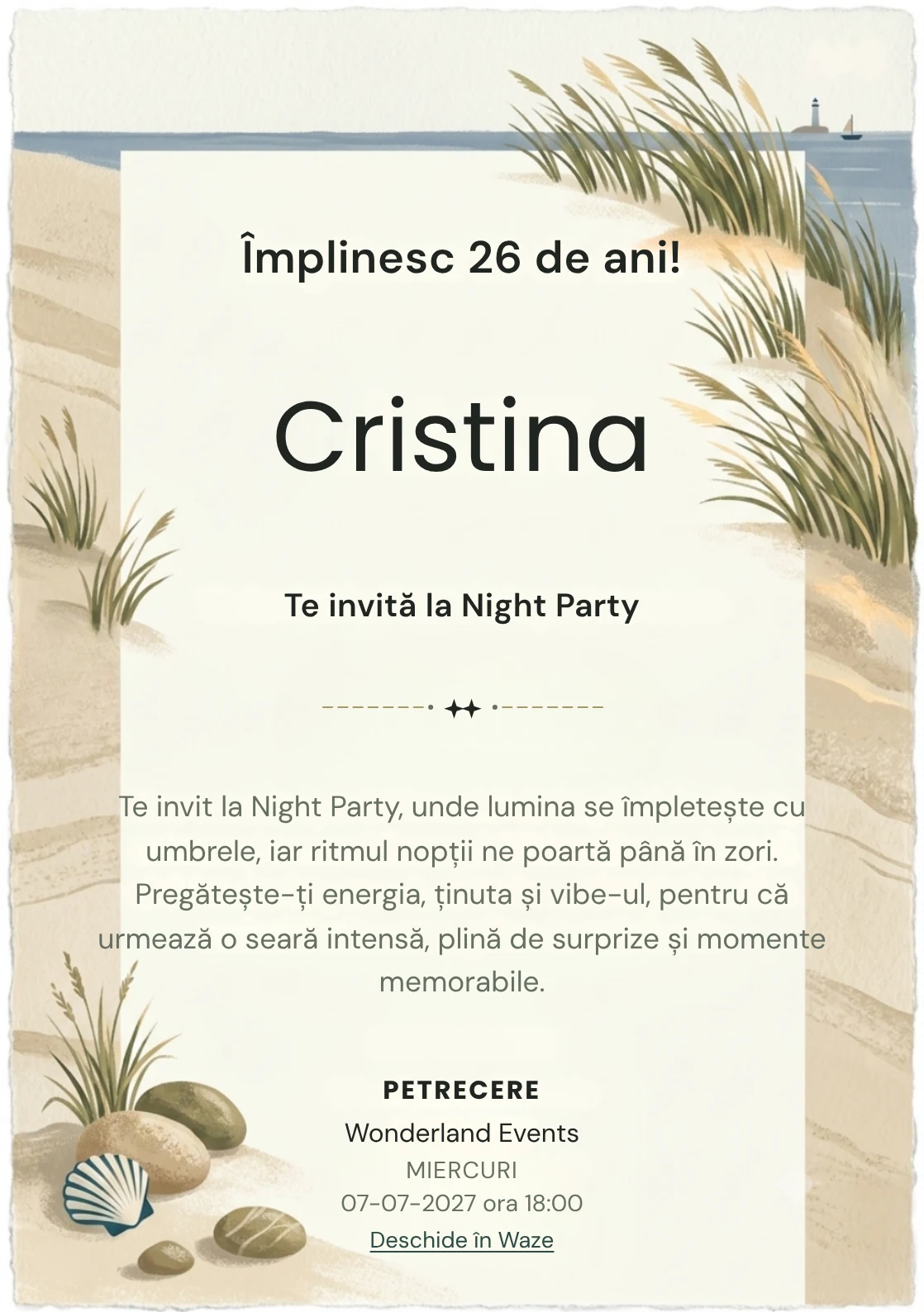 Faleza cu Ierburi este un model de invitații online de zi de naștere, definit vizual de tufe grafice și linia mării.