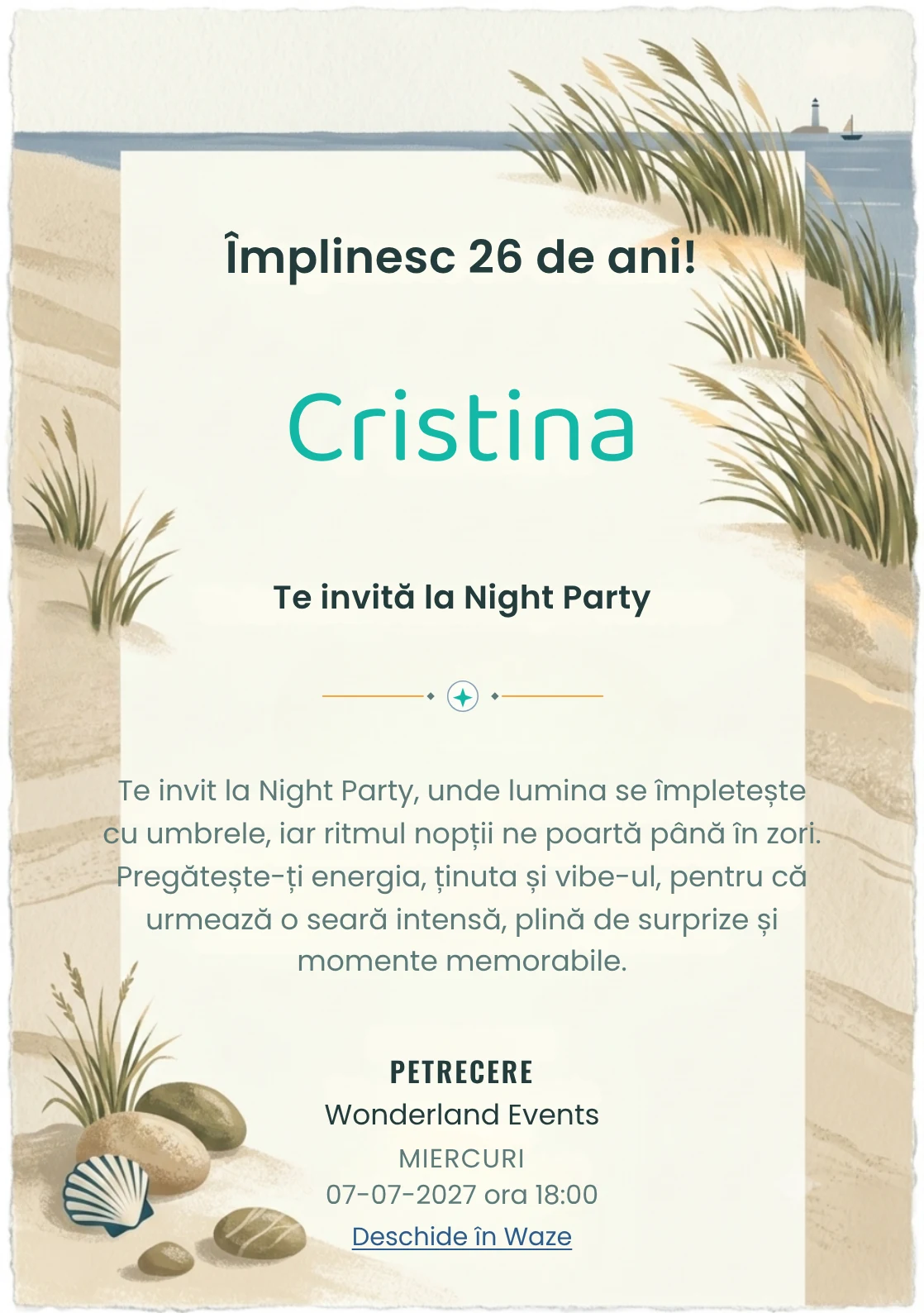 Faleza cu Ierburi este un model de invitații online de zi de naștere, definit vizual de tufe grafice și linia mării.