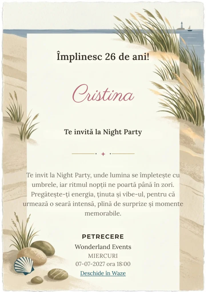 Faleza cu Ierburi este un model de invitații online de zi de naștere, definit vizual de tufe grafice și linia mării.
