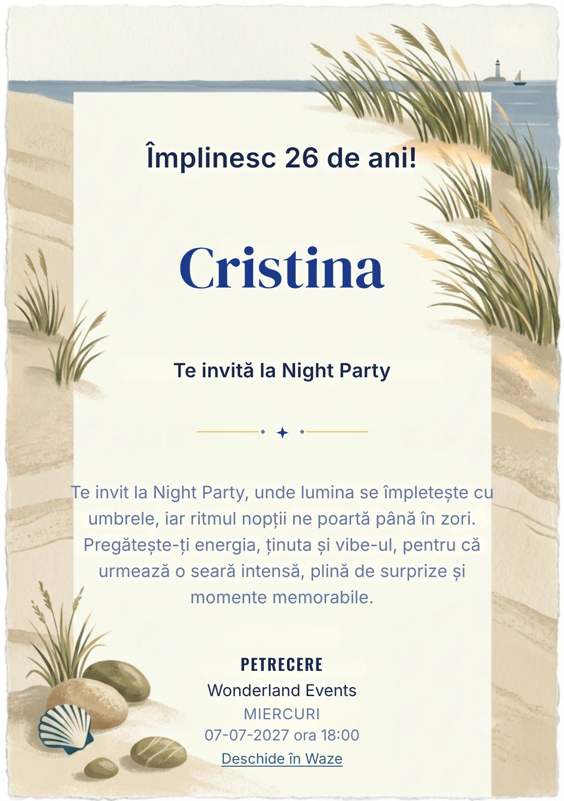 Faleza cu Ierburi este un model de invitații online de zi de naștere, definit vizual de tufe grafice și linia mării.