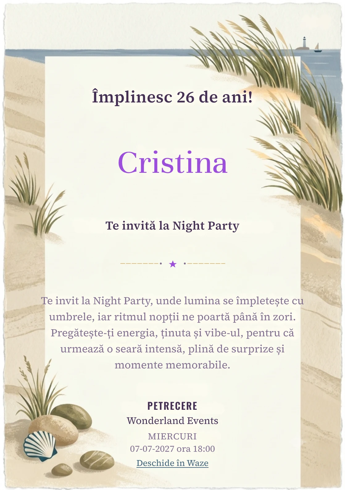 Faleza cu Ierburi este un model de invitații online de zi de naștere, definit vizual de tufe grafice și linia mării.