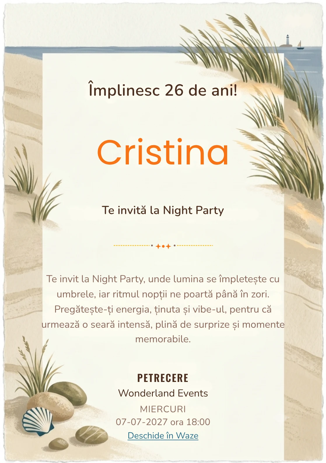 Faleza cu Ierburi este un model de invitații online de zi de naștere, definit vizual de tufe grafice și linia mării.