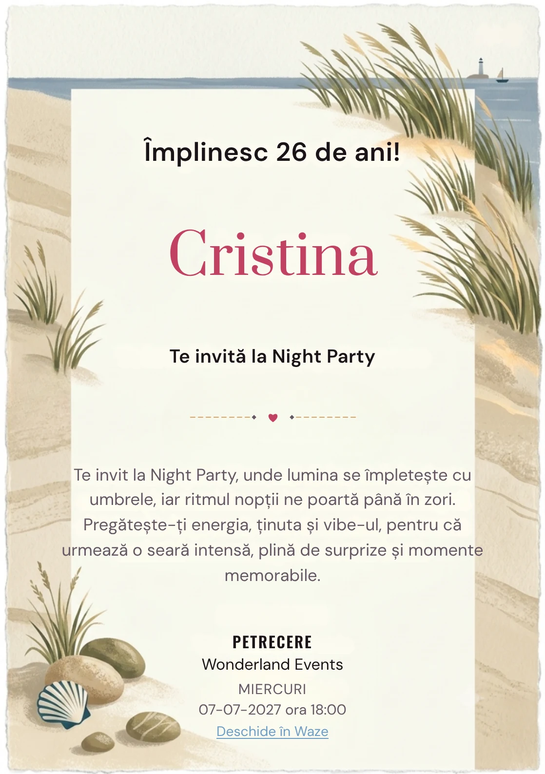 Faleza cu Ierburi este un model de invitații online de zi de naștere, definit vizual de tufe grafice și linia mării.