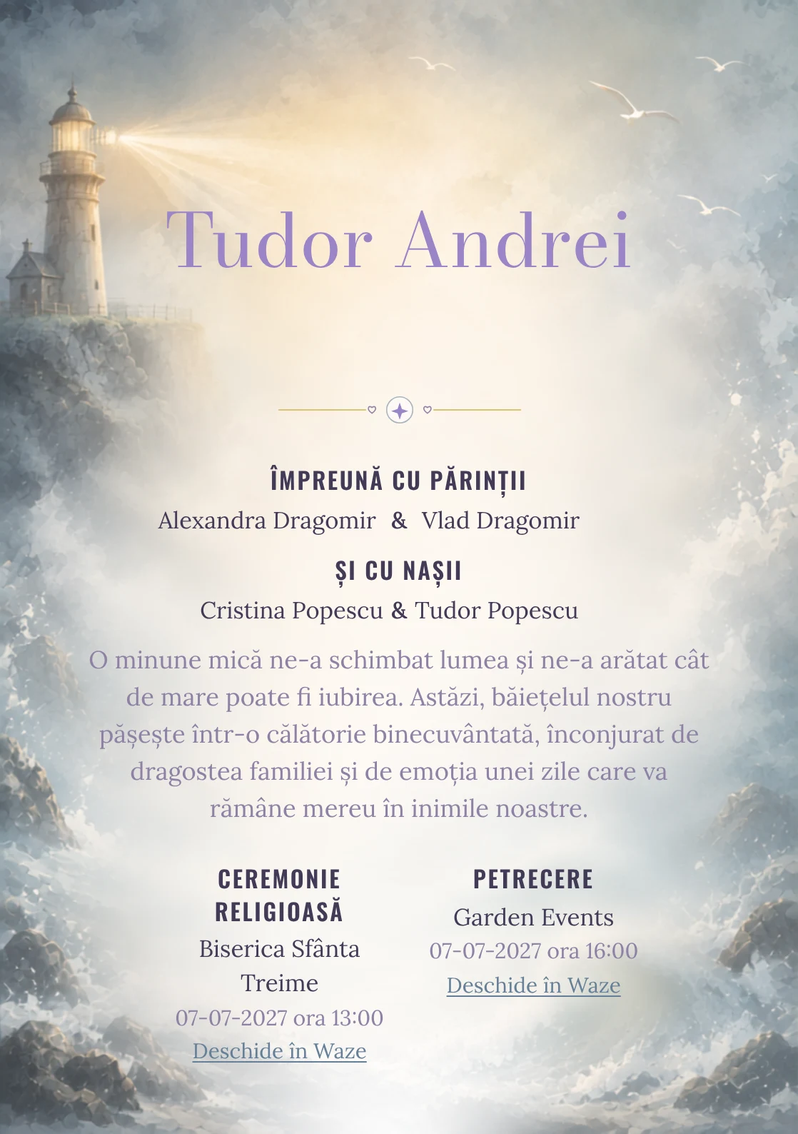 Farul din Ceață, pentru o invitație de botez, combină un far imaginar cu fascicul foarte difuz cu valuri, ceață și păsări abstracte, într-o imagine coerentă de botez.