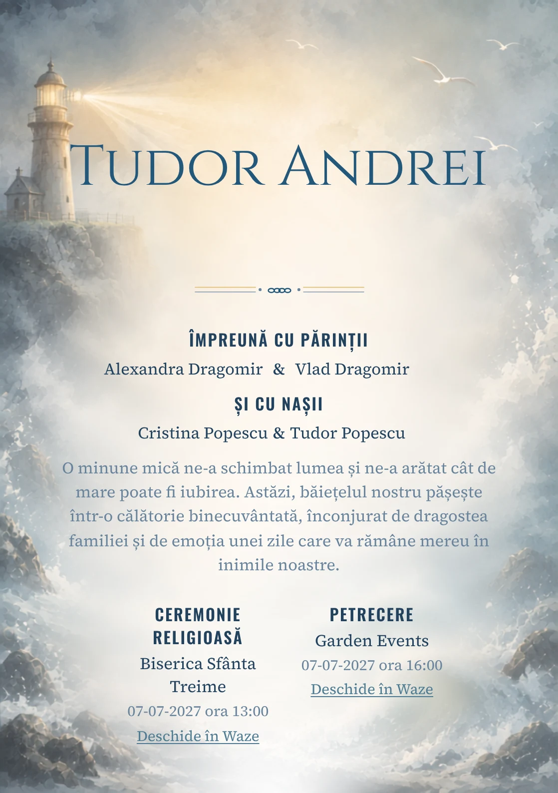Farul din Ceață, pentru o invitație de botez, combină un far imaginar cu fascicul foarte difuz cu valuri, ceață și păsări abstracte, într-o imagine coerentă de botez.