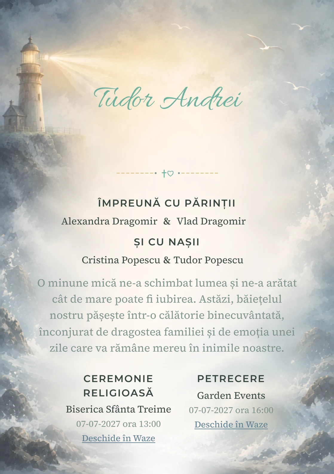 Farul din Ceață, pentru o invitație de botez, combină un far imaginar cu fascicul foarte difuz cu valuri, ceață și păsări abstracte, într-o imagine coerentă de botez.